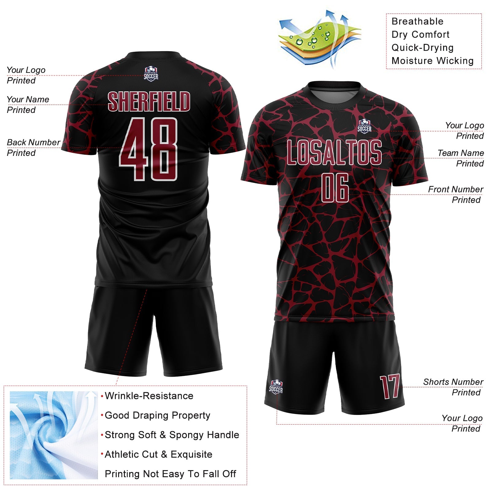 Custom Black Crimson-White Abstract Network Splash Sublimation Soccer Uniform Jersey view 4