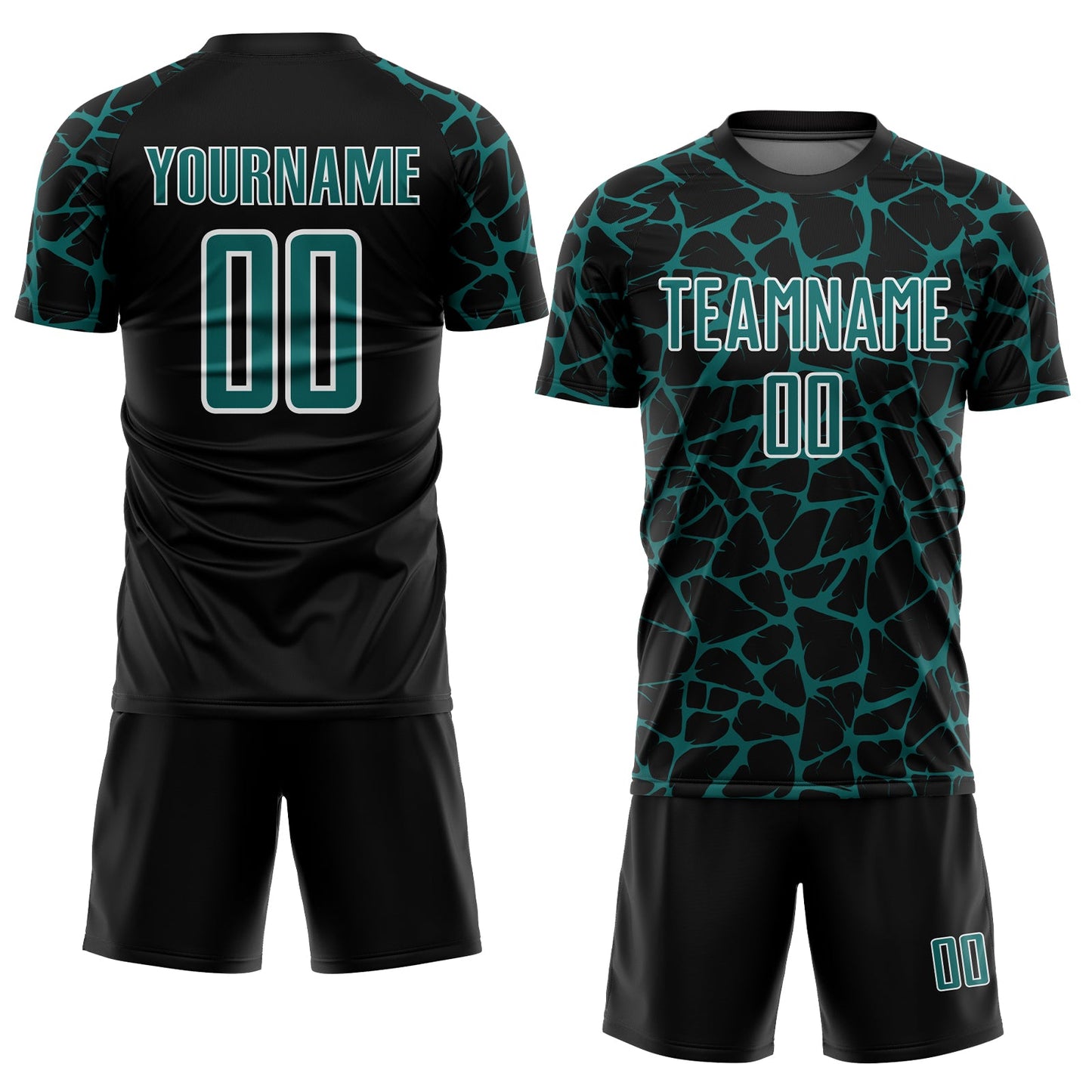 Custom Black Teal-White Abstract Network Splash Sublimation Soccer Uniform Jersey view 2