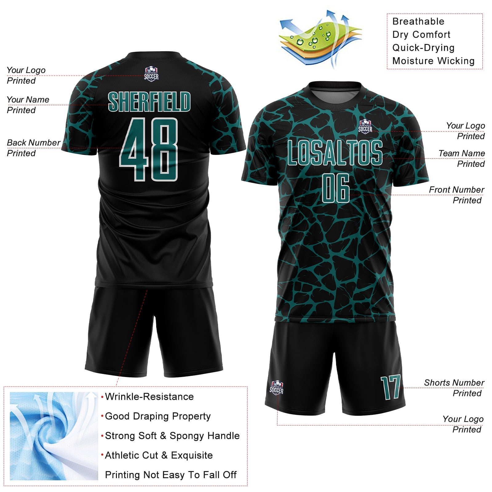 Custom Black Teal-White Abstract Network Splash Sublimation Soccer Uniform Jersey view 4