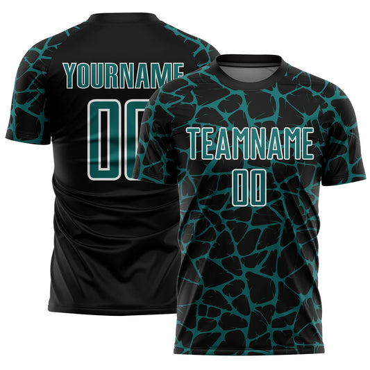 Custom Black Teal-White Abstract Network Splash Sublimation Soccer Uniform Jersey - Main View