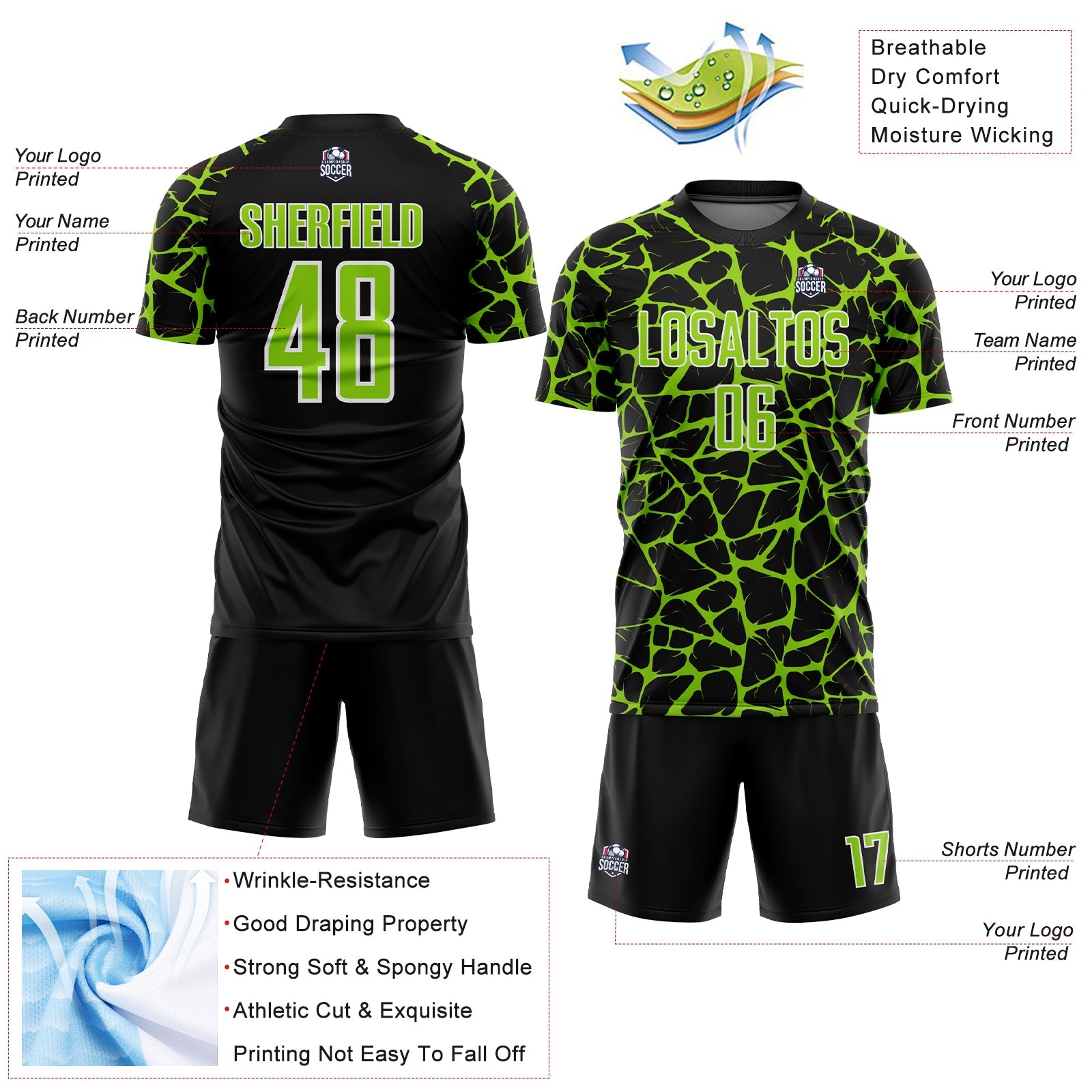 Custom Black Neon Green-White Abstract Network Splash Sublimation Soccer Uniform Jersey view 4