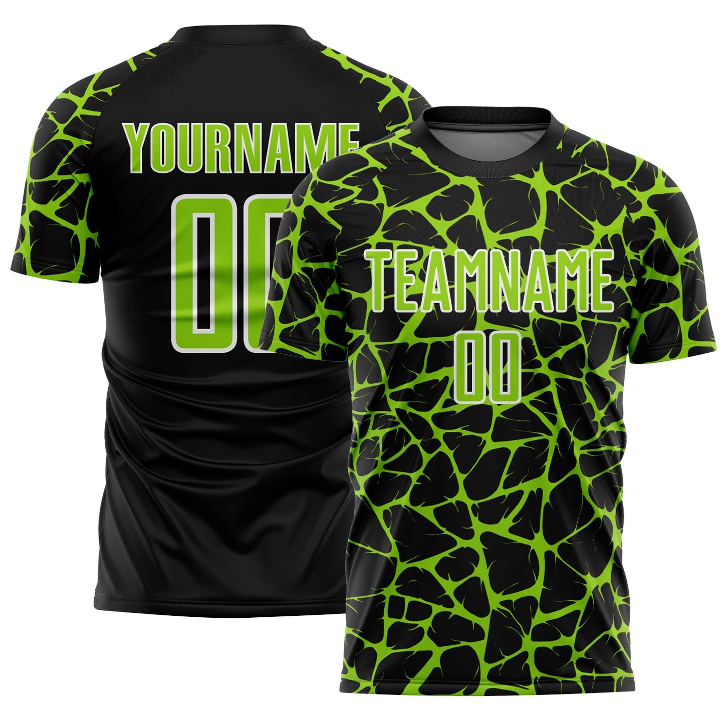 Custom Black Neon Green-White Abstract Network Splash Sublimation Soccer Uniform Jersey - Main View