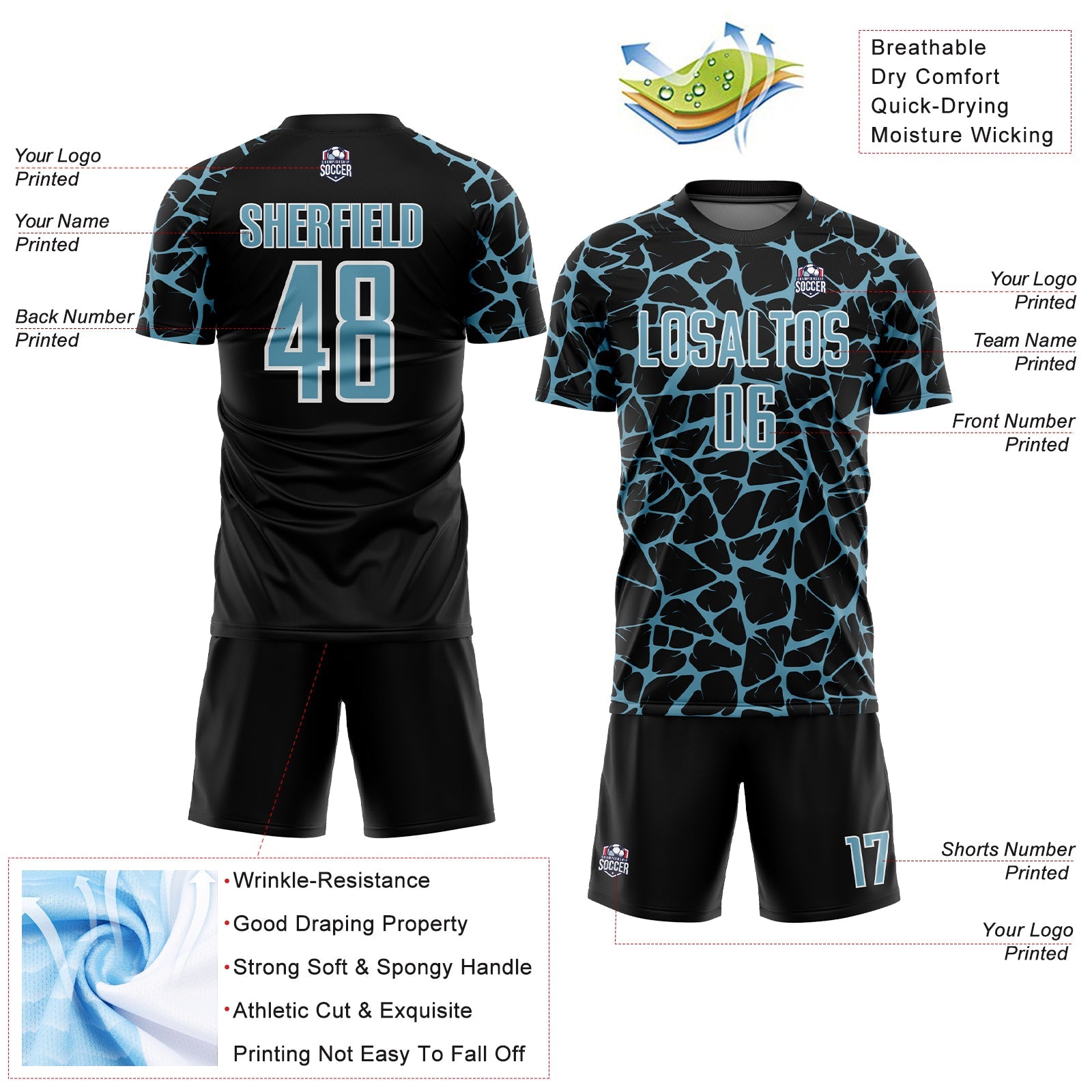 Custom Black Shadow Blue-White Abstract Network Splash Sublimation Soccer Uniform Jersey view 4