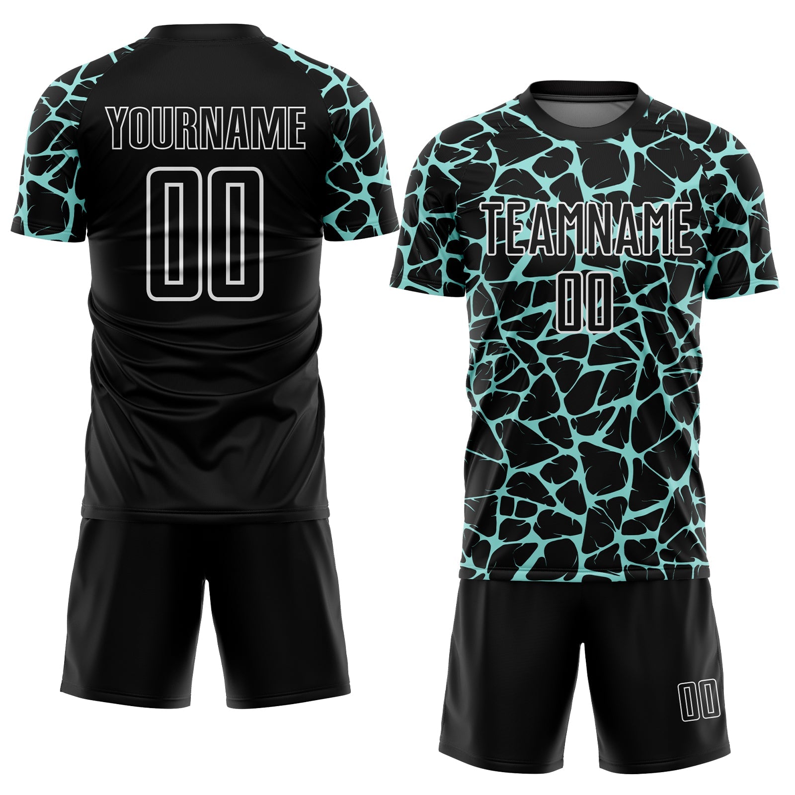 Custom Black Ice Blue-White Abstract Network Splash Sublimation Soccer Uniform Jersey view 2