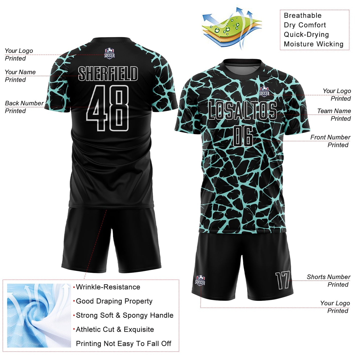 Custom Black Ice Blue-White Abstract Network Splash Sublimation Soccer Uniform Jersey view 4