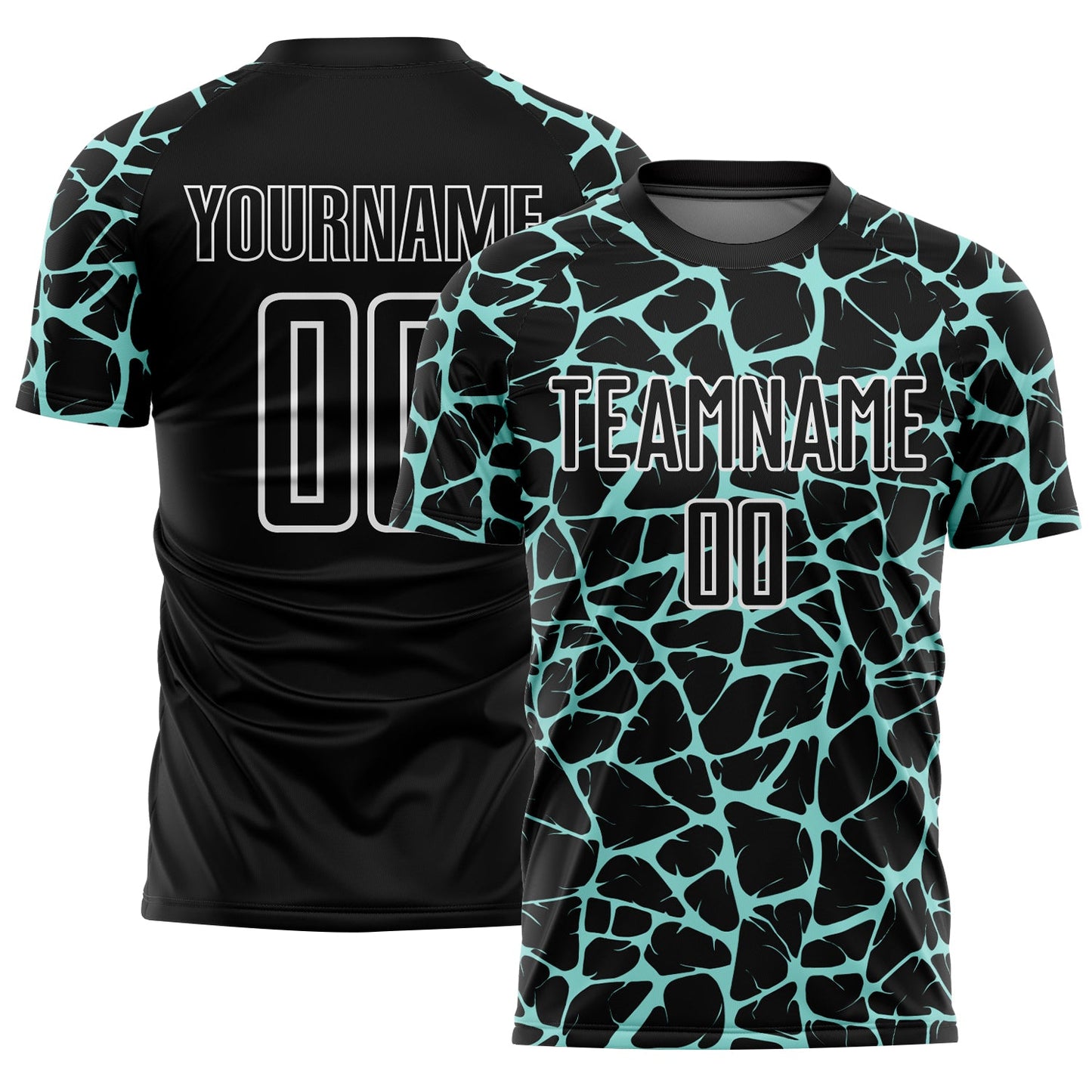 Custom Black Ice Blue-White Abstract Network Splash Sublimation Soccer Uniform Jersey - Main View