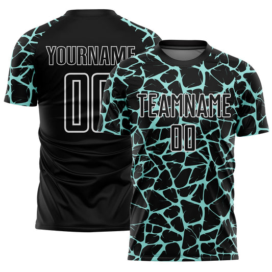 Custom Black Ice Blue-White Abstract Network Splash Sublimation Soccer Uniform Jersey - Main View