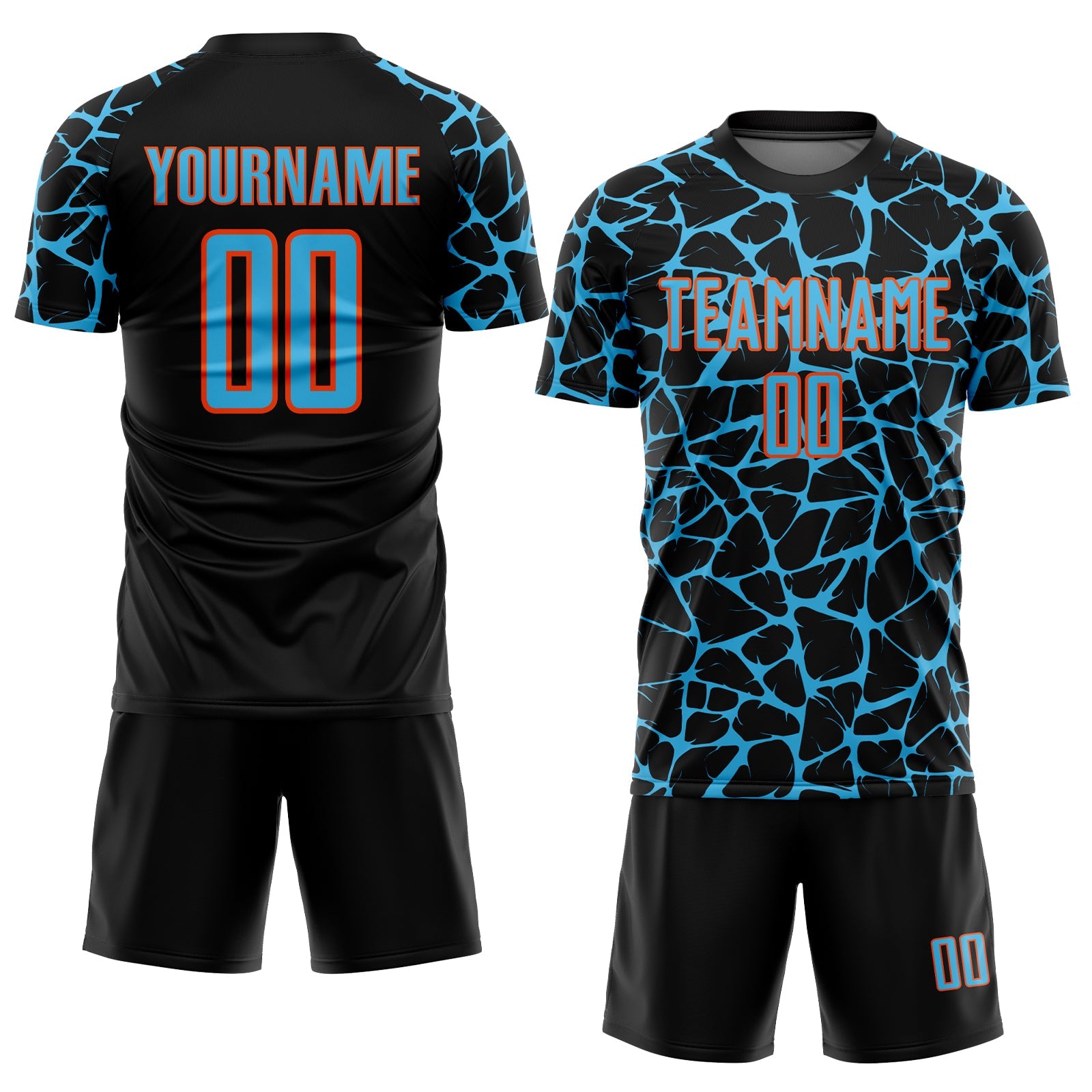 Custom Black Sky Blue-Orange Abstract Network Splash Sublimation Soccer Uniform Jersey view 2