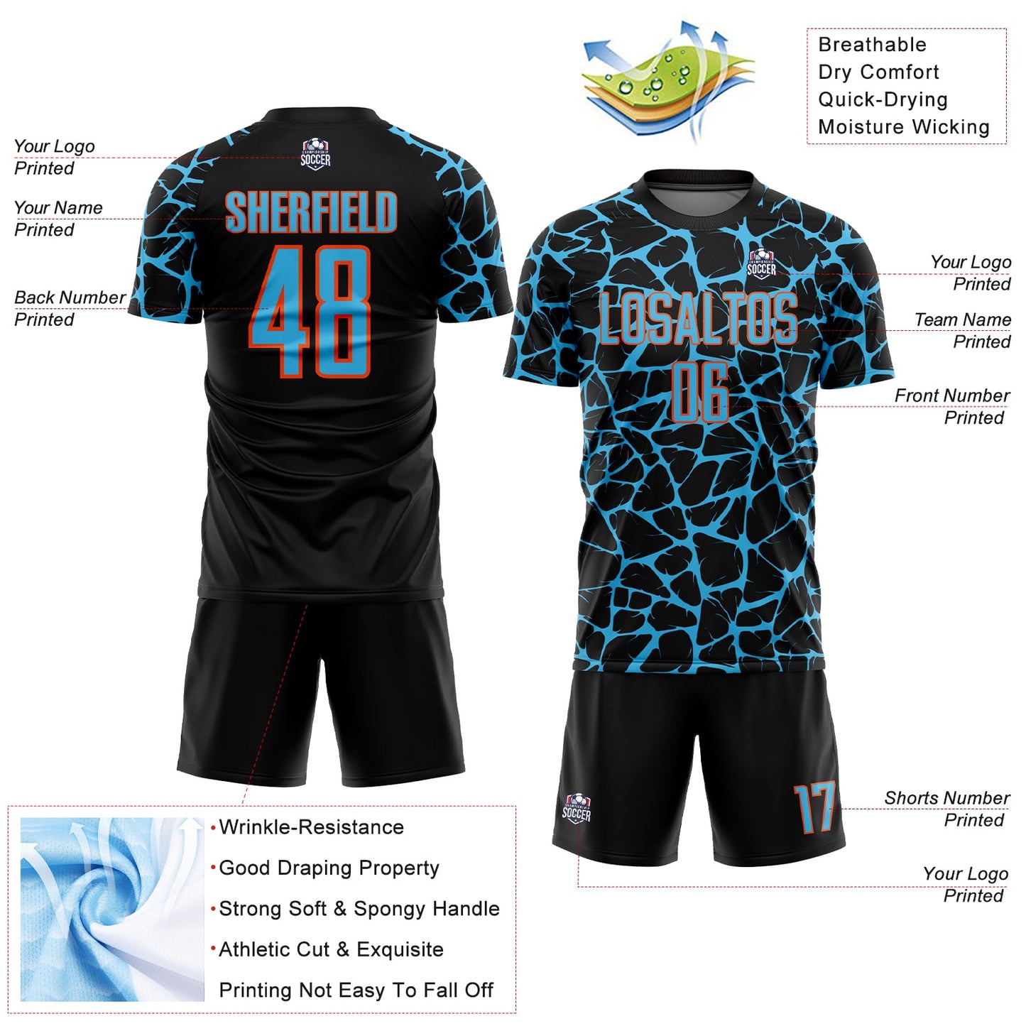 Custom Black Sky Blue-Orange Abstract Network Splash Sublimation Soccer Uniform Jersey view 4