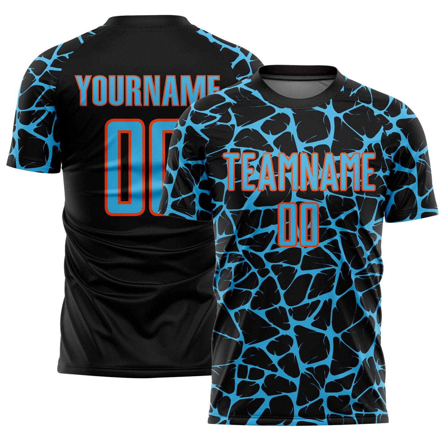 Custom Black Sky Blue-Orange Abstract Network Splash Sublimation Soccer Uniform Jersey - Main View