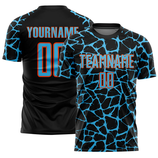 Custom Black Sky Blue-Orange Abstract Network Splash Sublimation Soccer Uniform Jersey - Main View