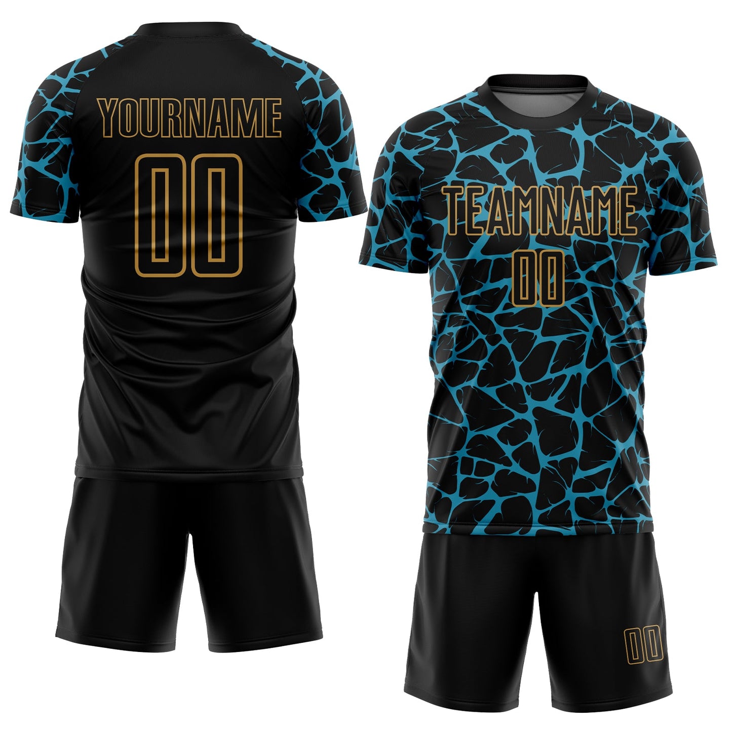 Custom Black Panther Blue-Old Gold Abstract Network Splash Sublimation Soccer Uniform Jersey view 2