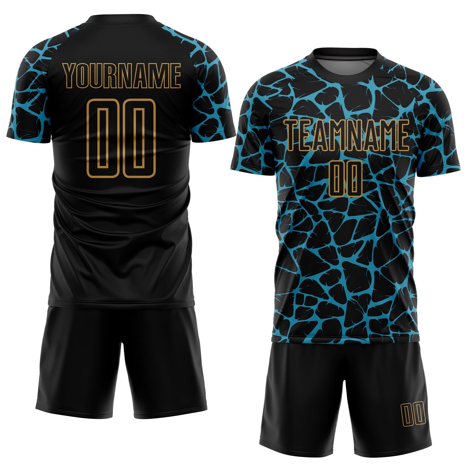 Custom Black Panther Blue-Old Gold Abstract Network Splash Sublimation Soccer Uniform Jersey view 2