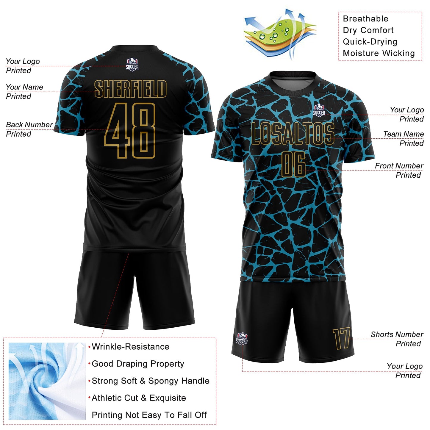 Custom Black Panther Blue-Old Gold Abstract Network Splash Sublimation Soccer Uniform Jersey view 4
