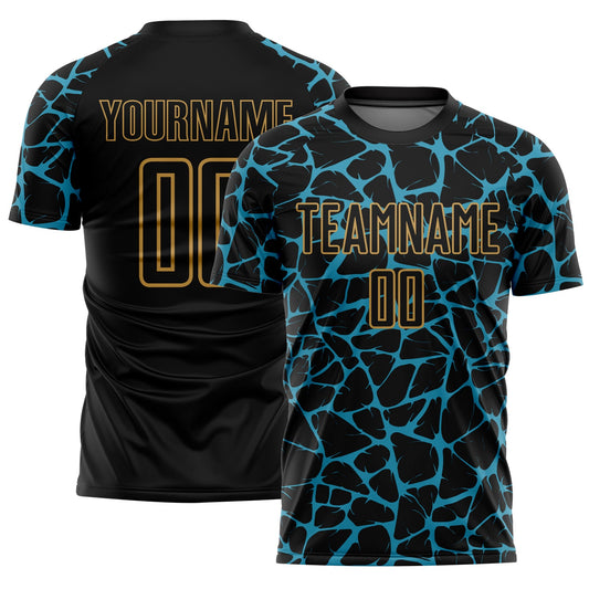 Custom Black Panther Blue-Old Gold Abstract Network Splash Sublimation Soccer Uniform Jersey - Main View