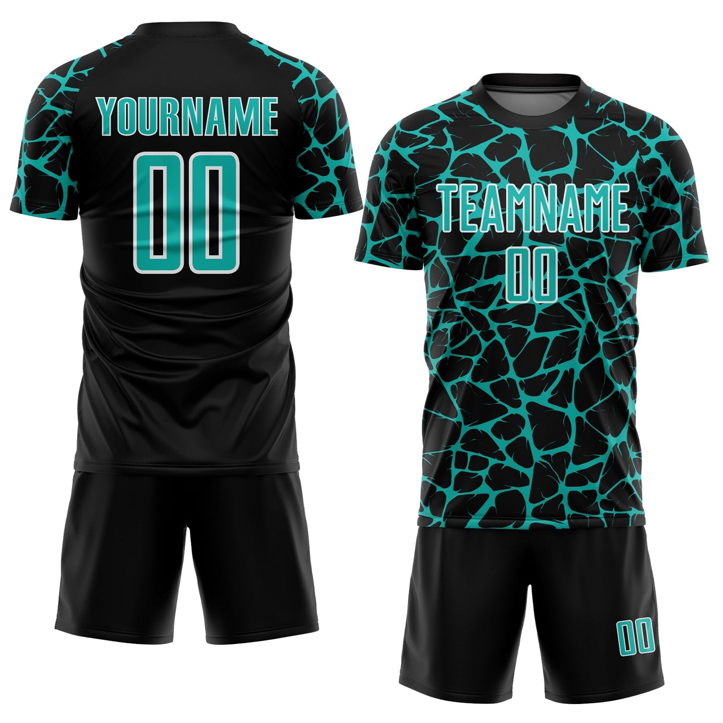 Custom Black Aqua-White Abstract Network Splash Sublimation Soccer Uniform Jersey view 2