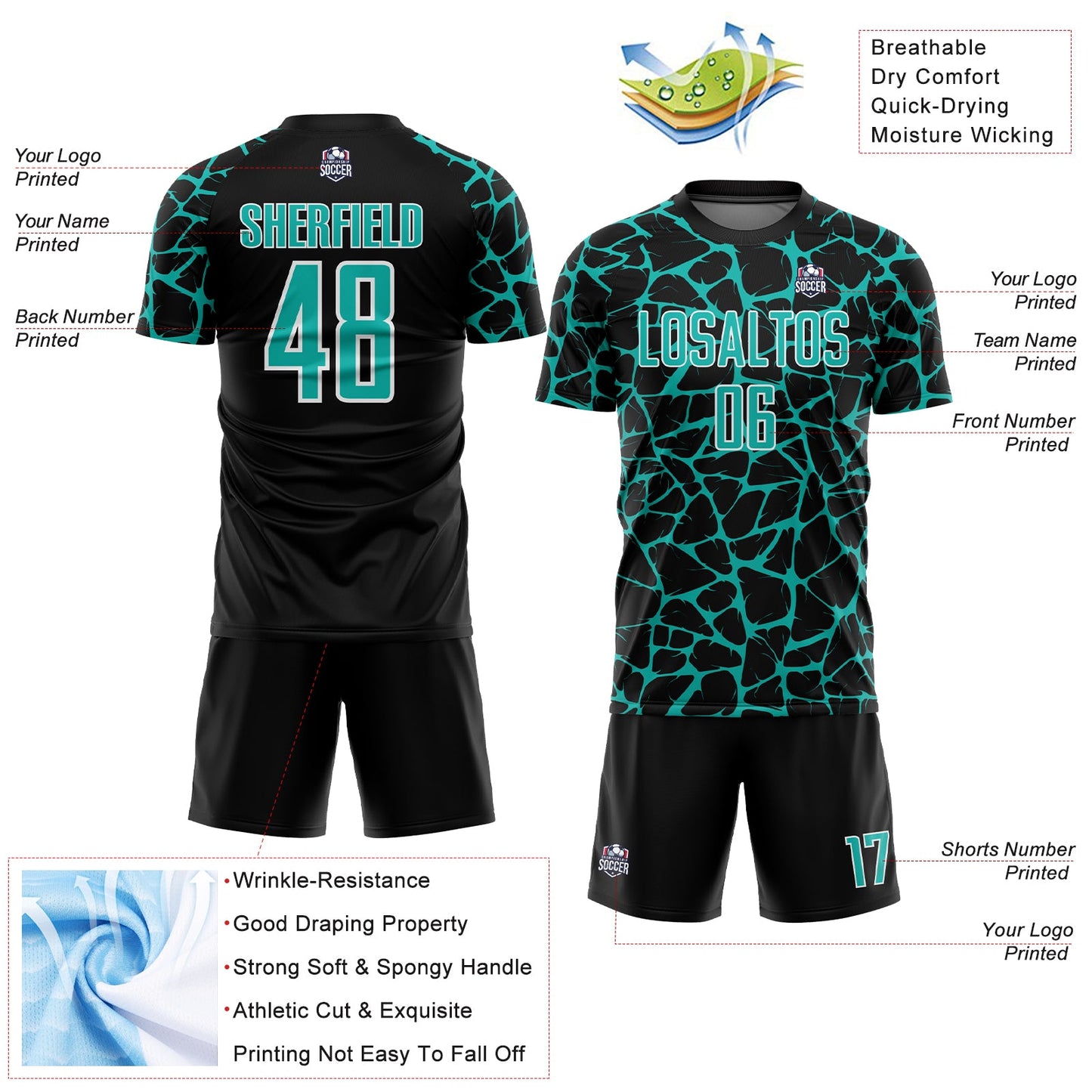 Custom Black Aqua-White Abstract Network Splash Sublimation Soccer Uniform Jersey view 4