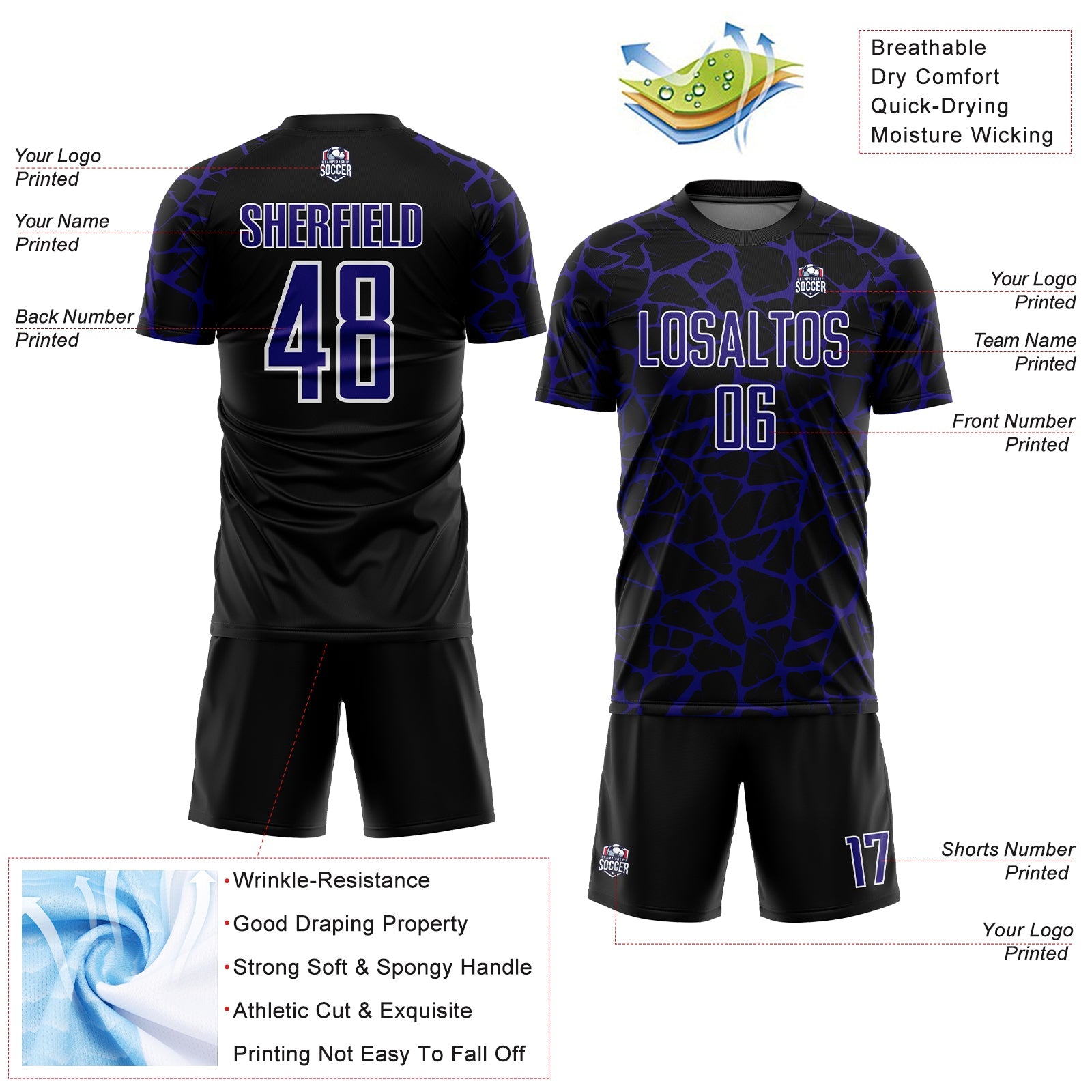 Custom Black Dark Purple-White Abstract Network Splash Sublimation Soccer Uniform Jersey view 4