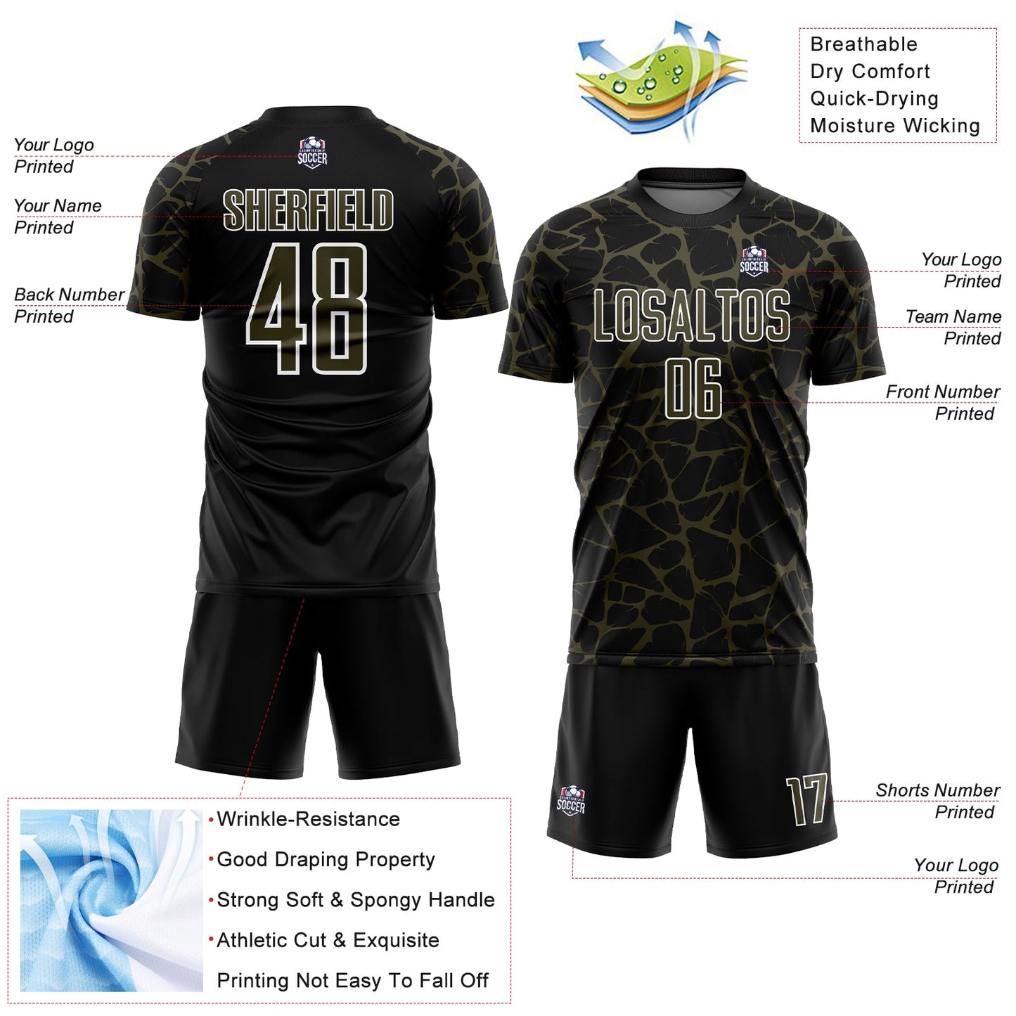 Custom Black Olive-White Abstract Network Splash Sublimation Soccer Uniform Jersey view 4