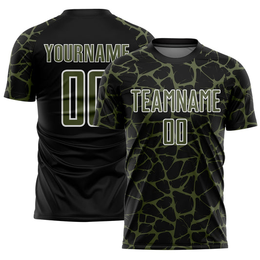Custom Black Olive-White Abstract Network Splash Sublimation Soccer Uniform Jersey - Main View
