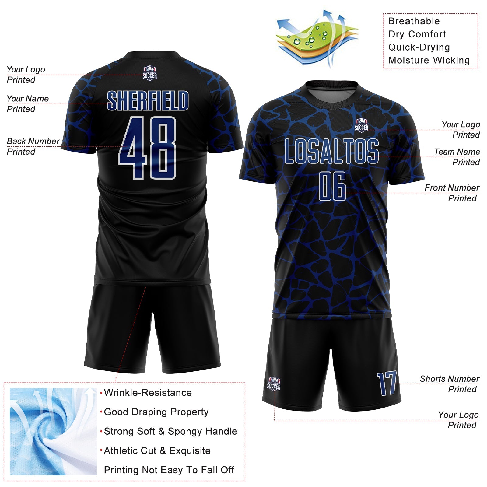 Custom Black US Navy Blue-White Abstract Network Splash Sublimation Soccer Uniform Jersey view 4