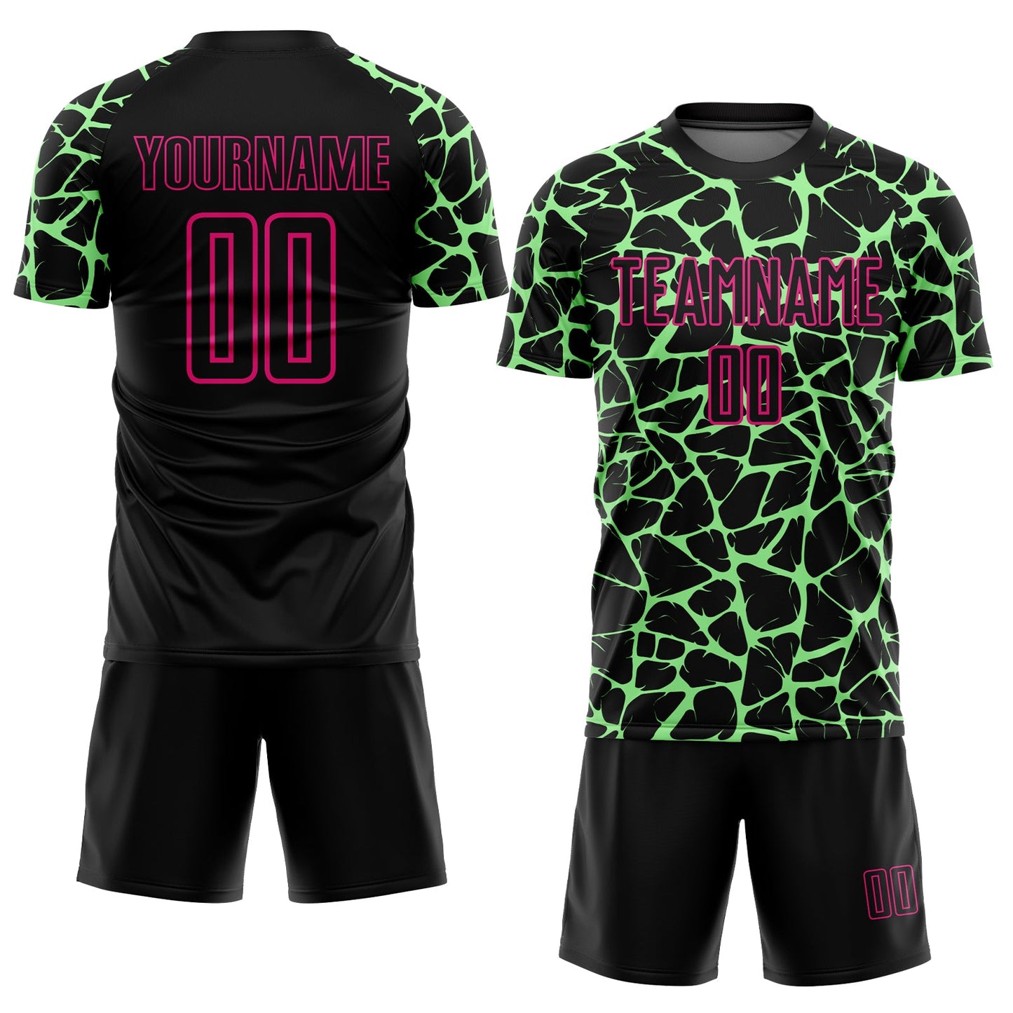 Custom Black Pea Green-Hot Pink Abstract Network Splash Sublimation Soccer Uniform Jersey view 2
