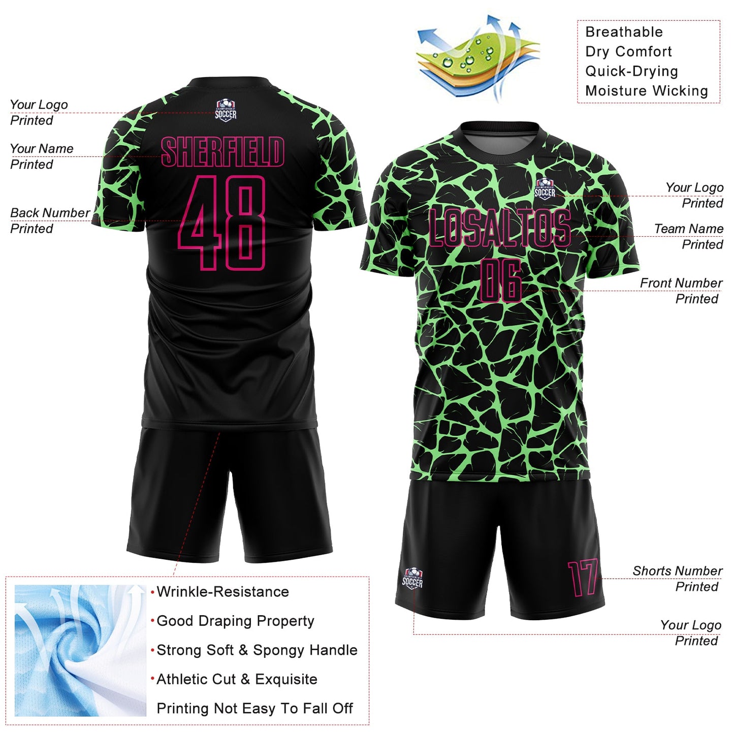 Custom Black Pea Green-Hot Pink Abstract Network Splash Sublimation Soccer Uniform Jersey view 4