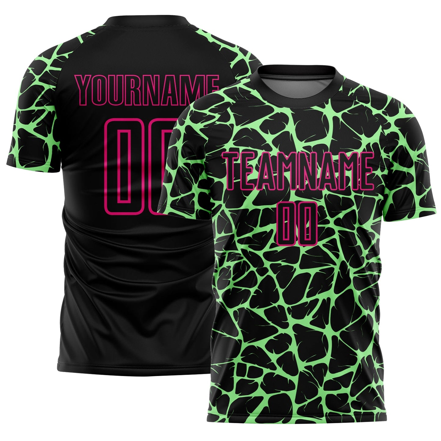 Custom Black Pea Green-Hot Pink Abstract Network Splash Sublimation Soccer Uniform Jersey - Main View