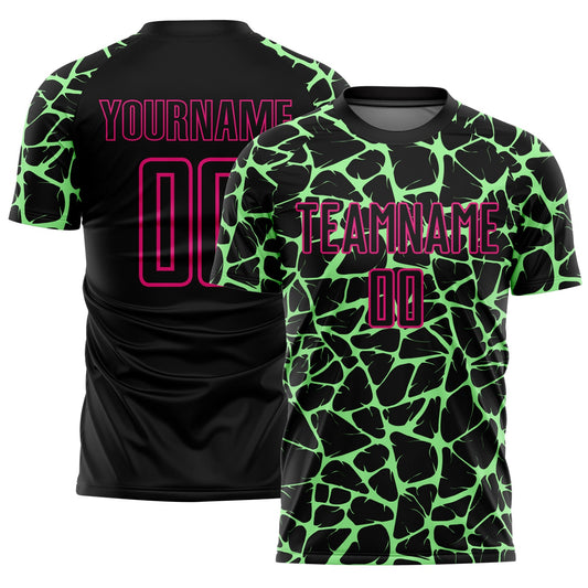 Custom Black Pea Green-Hot Pink Abstract Network Splash Sublimation Soccer Uniform Jersey - Main View