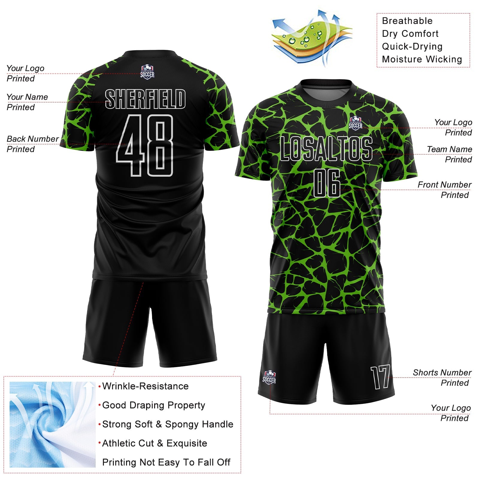 Custom Black Aurora Green-White Abstract Network Splash Sublimation Soccer Uniform Jersey view 4