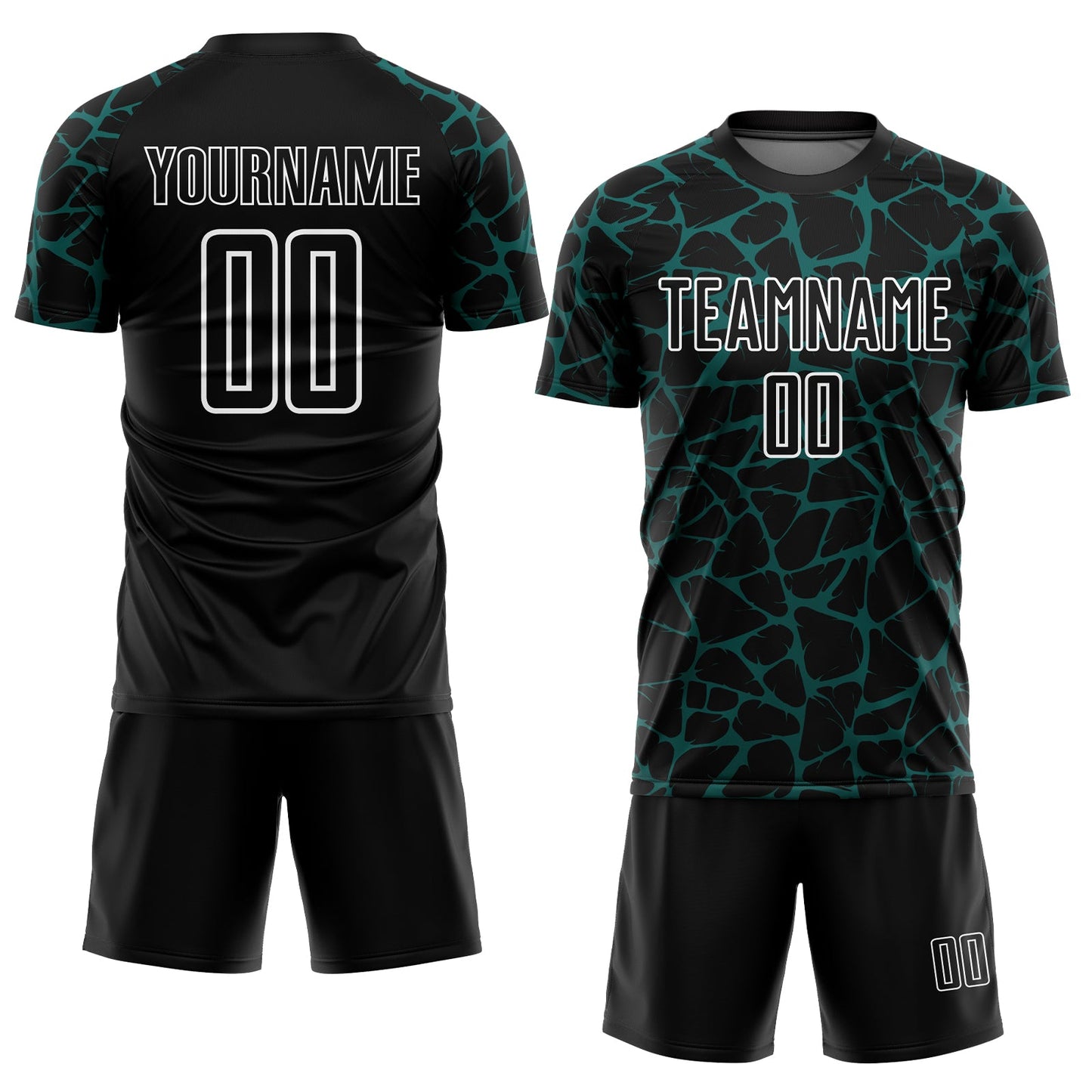 Custom Black Midnight Green-White Abstract Network Splash Sublimation Soccer Uniform Jersey view 2