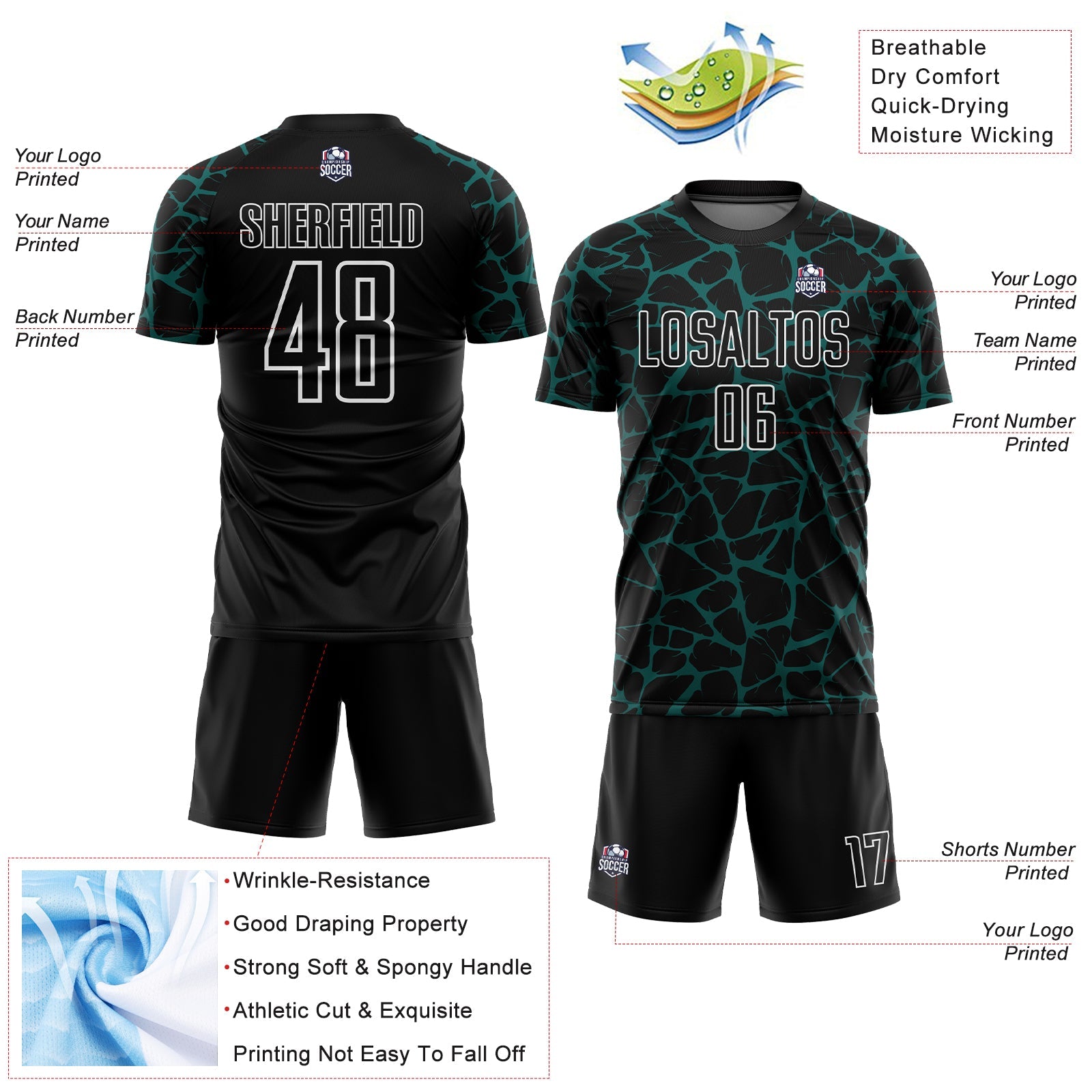 Custom Black Midnight Green-White Abstract Network Splash Sublimation Soccer Uniform Jersey view 4
