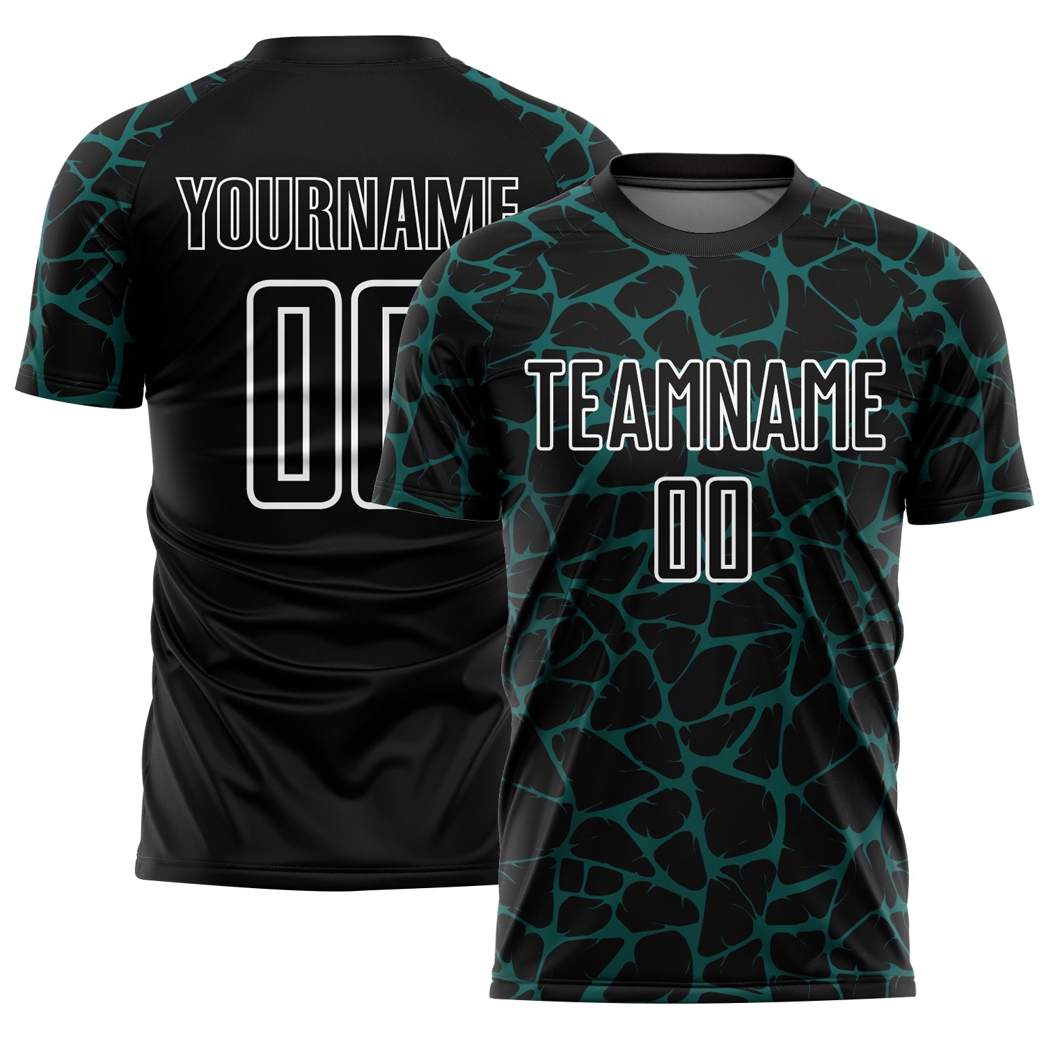 Custom Black Midnight Green-White Abstract Network Splash Sublimation Soccer Uniform Jersey - Main View