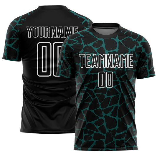Custom Black Midnight Green-White Abstract Network Splash Sublimation Soccer Uniform Jersey - Main View