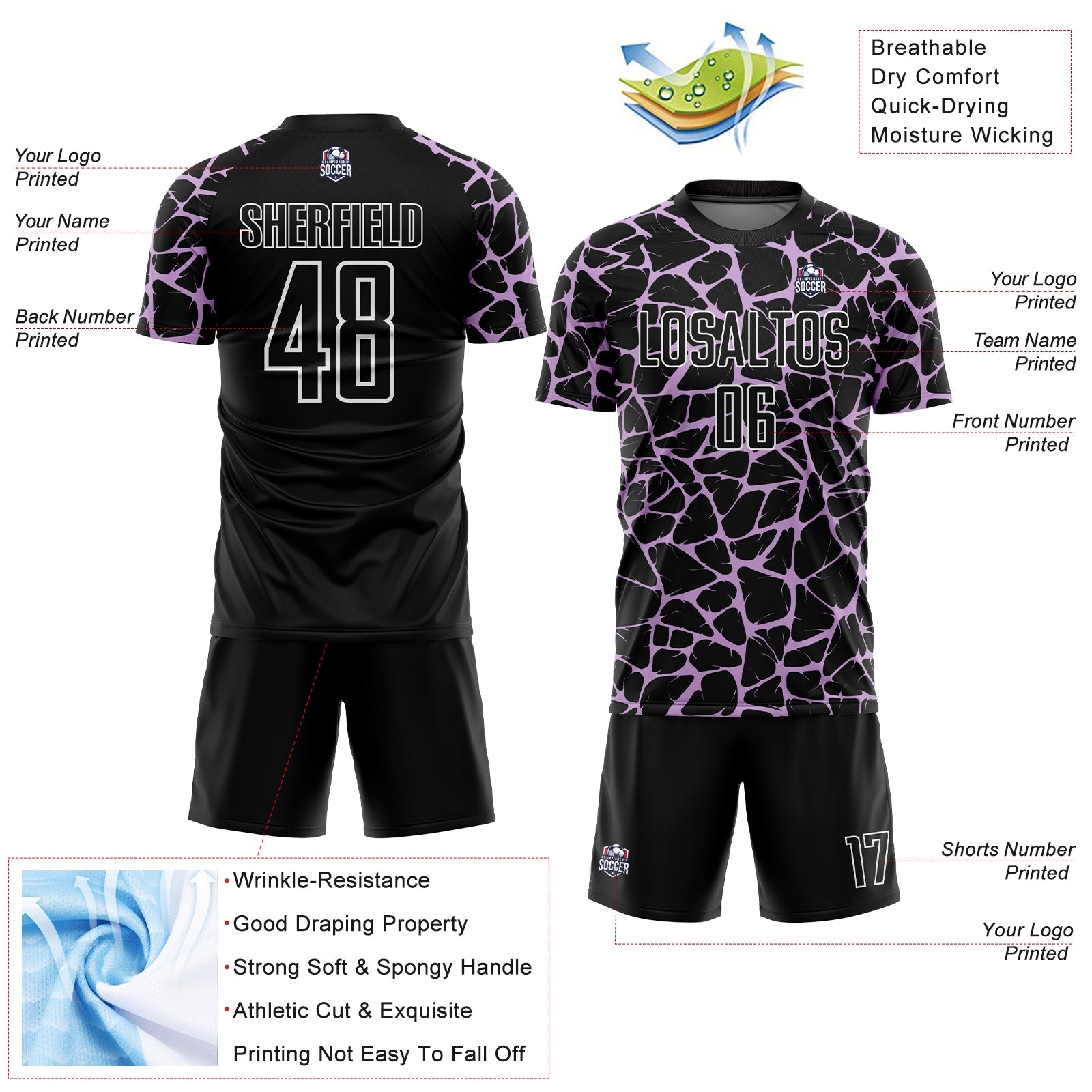 Custom Black Light Purple-White Abstract Network Splash Sublimation Soccer Uniform Jersey view 4