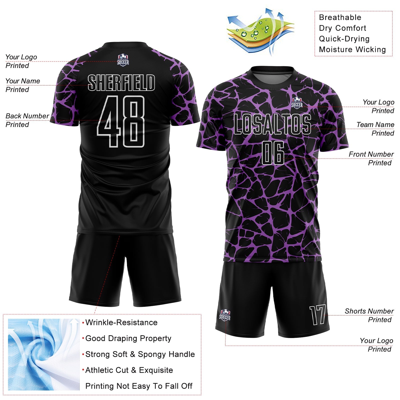Custom Black Medium Purple-White Abstract Network Splash Sublimation Soccer Uniform Jersey view 4