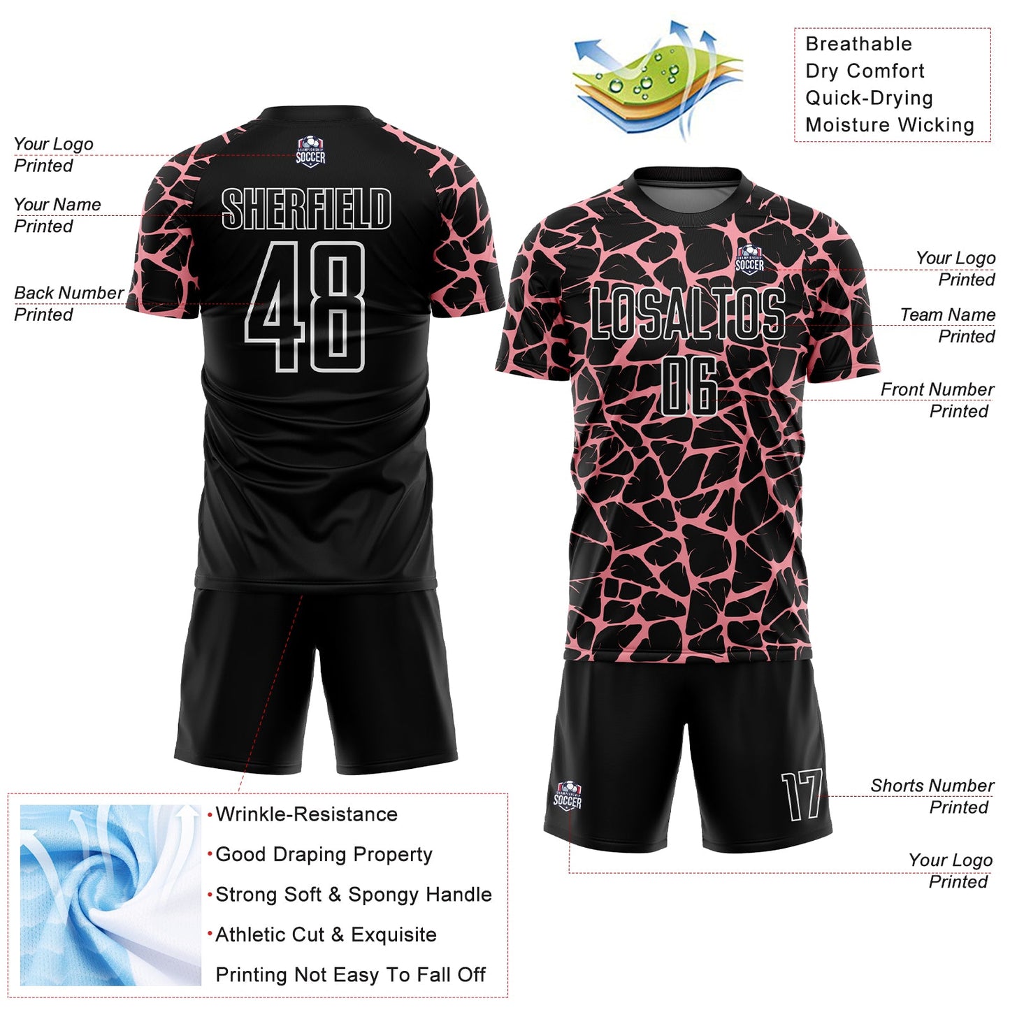 Custom Black Medium Pink-White Abstract Network Splash Sublimation Soccer Uniform Jersey view 4