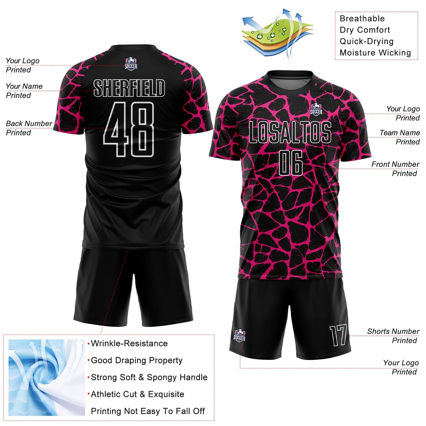 Custom Black Hot Pink-White Abstract Network Splash Sublimation Soccer Uniform Jersey view 4