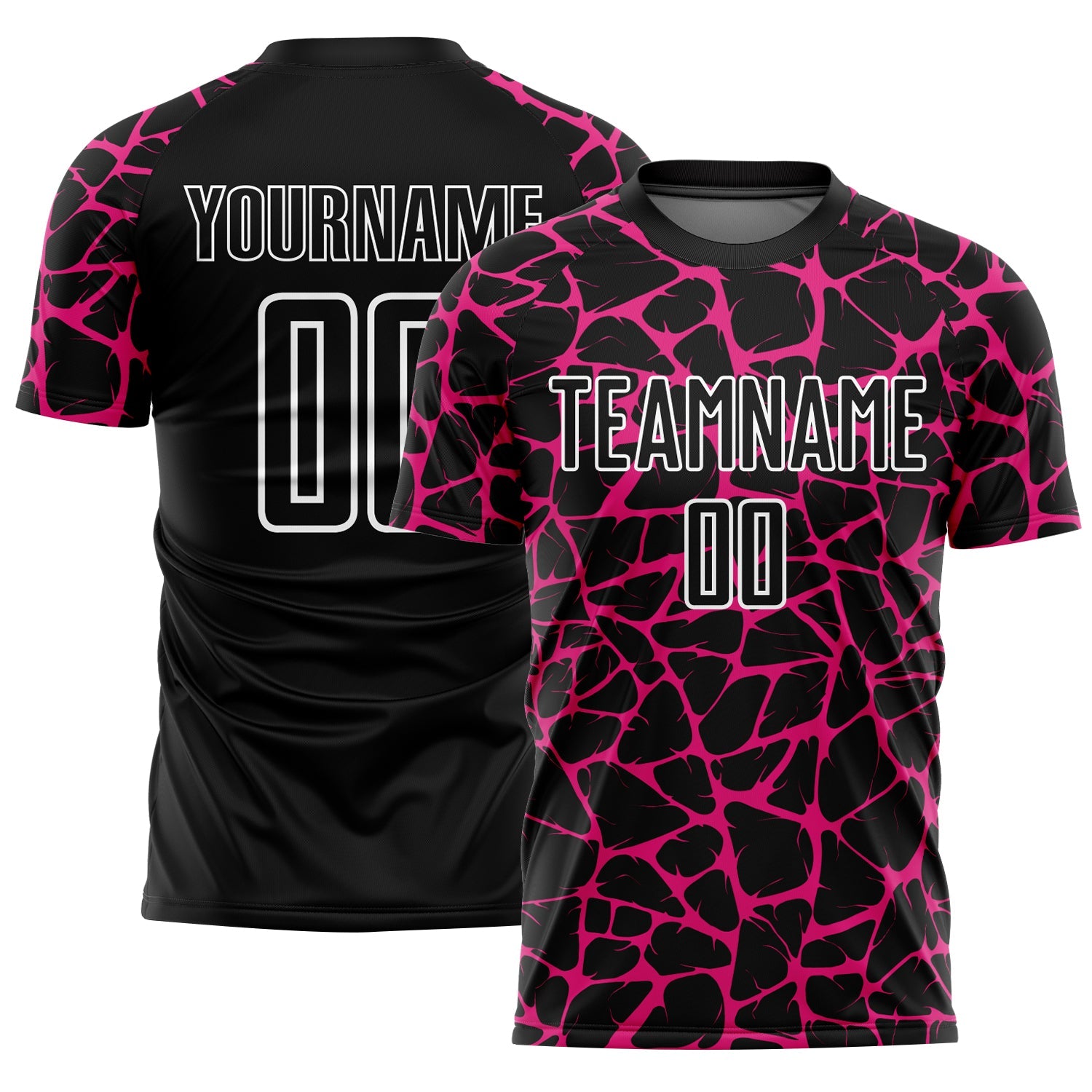 Custom Black Hot Pink-White Abstract Network Splash Sublimation Soccer Uniform Jersey - Main View
