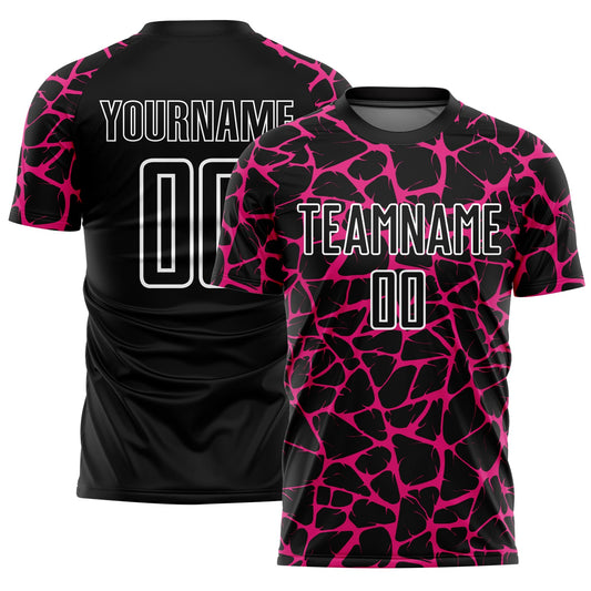 Custom Black Hot Pink-White Abstract Network Splash Sublimation Soccer Uniform Jersey - Main View
