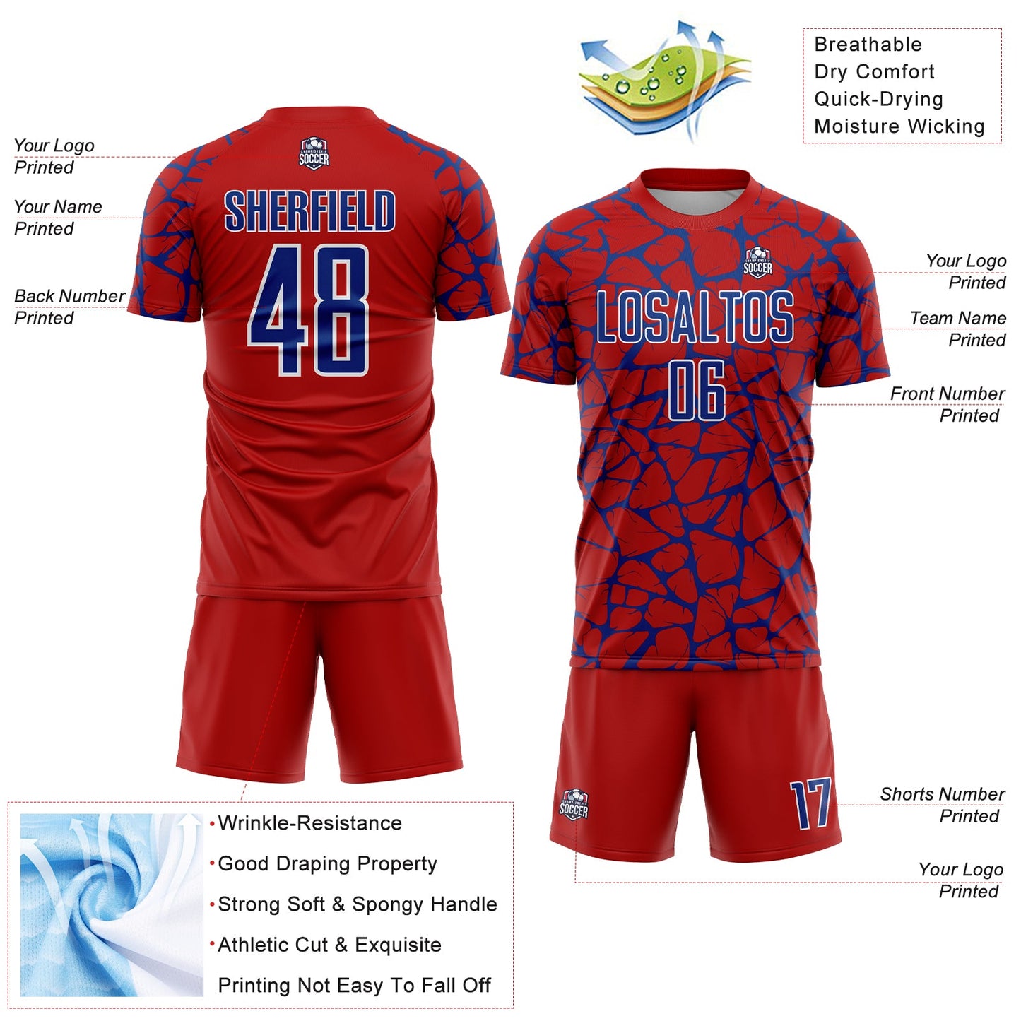 Custom Red Royal-White Abstract Network Splash Sublimation Soccer Uniform Jersey view 4