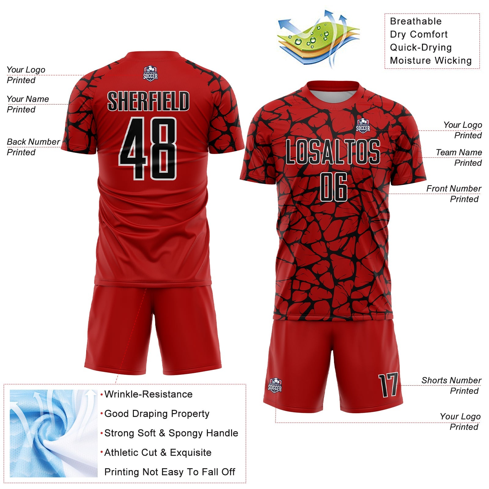 Custom Red Black-White Abstract Network Splash Sublimation Soccer Uniform Jersey view 4