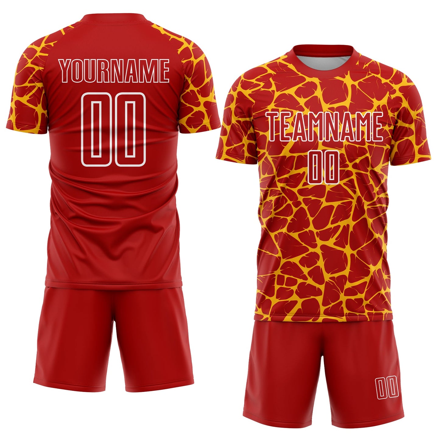 Custom Red Gold-White Abstract Network Splash Sublimation Soccer Uniform Jersey view 2