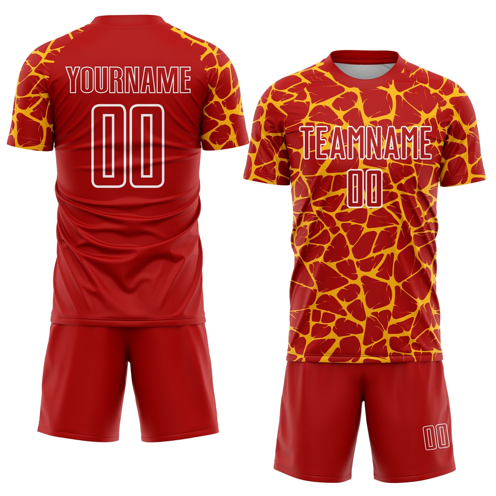 Custom Red Gold-White Abstract Network Splash Sublimation Soccer Uniform Jersey view 2