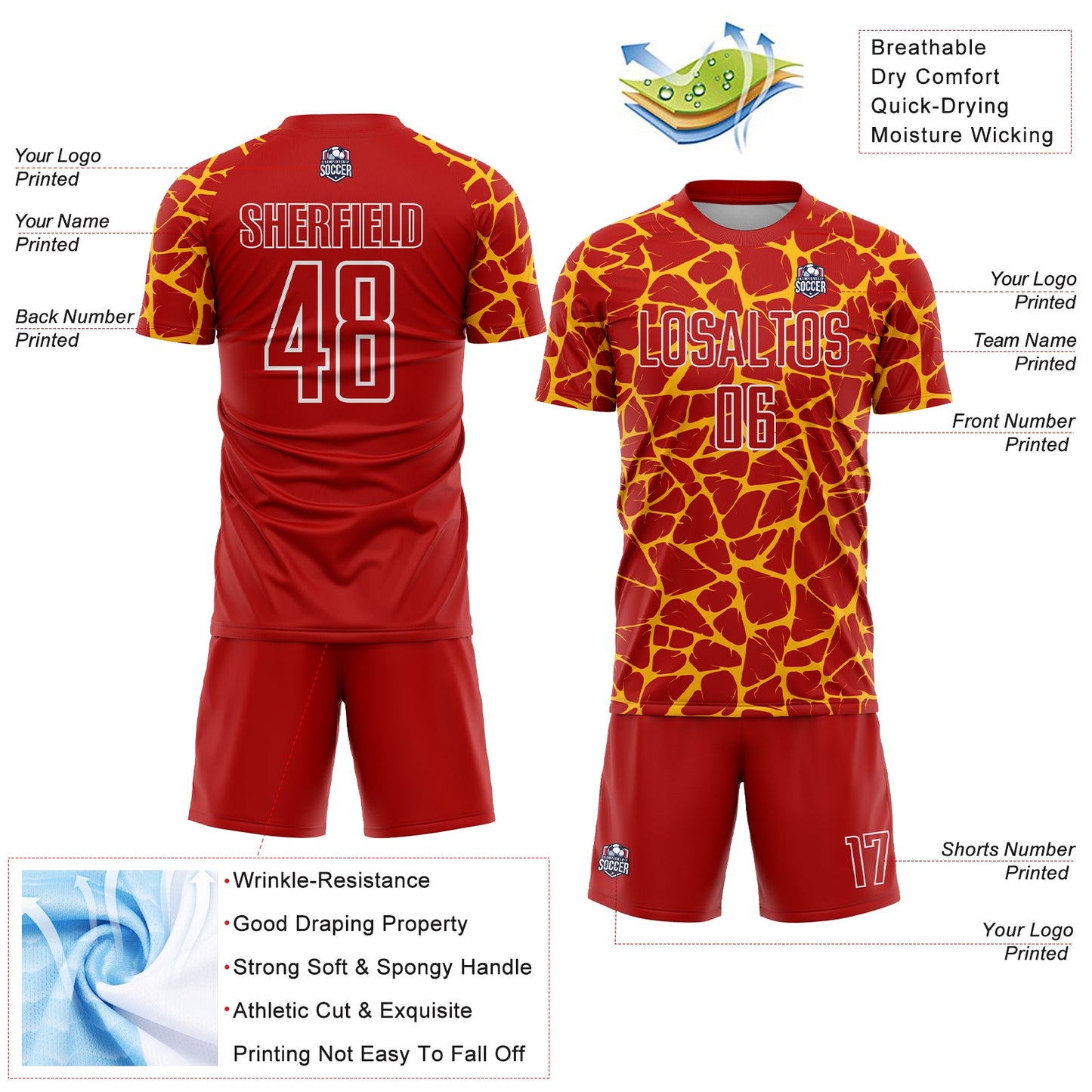 Custom Red Gold-White Abstract Network Splash Sublimation Soccer Uniform Jersey view 4