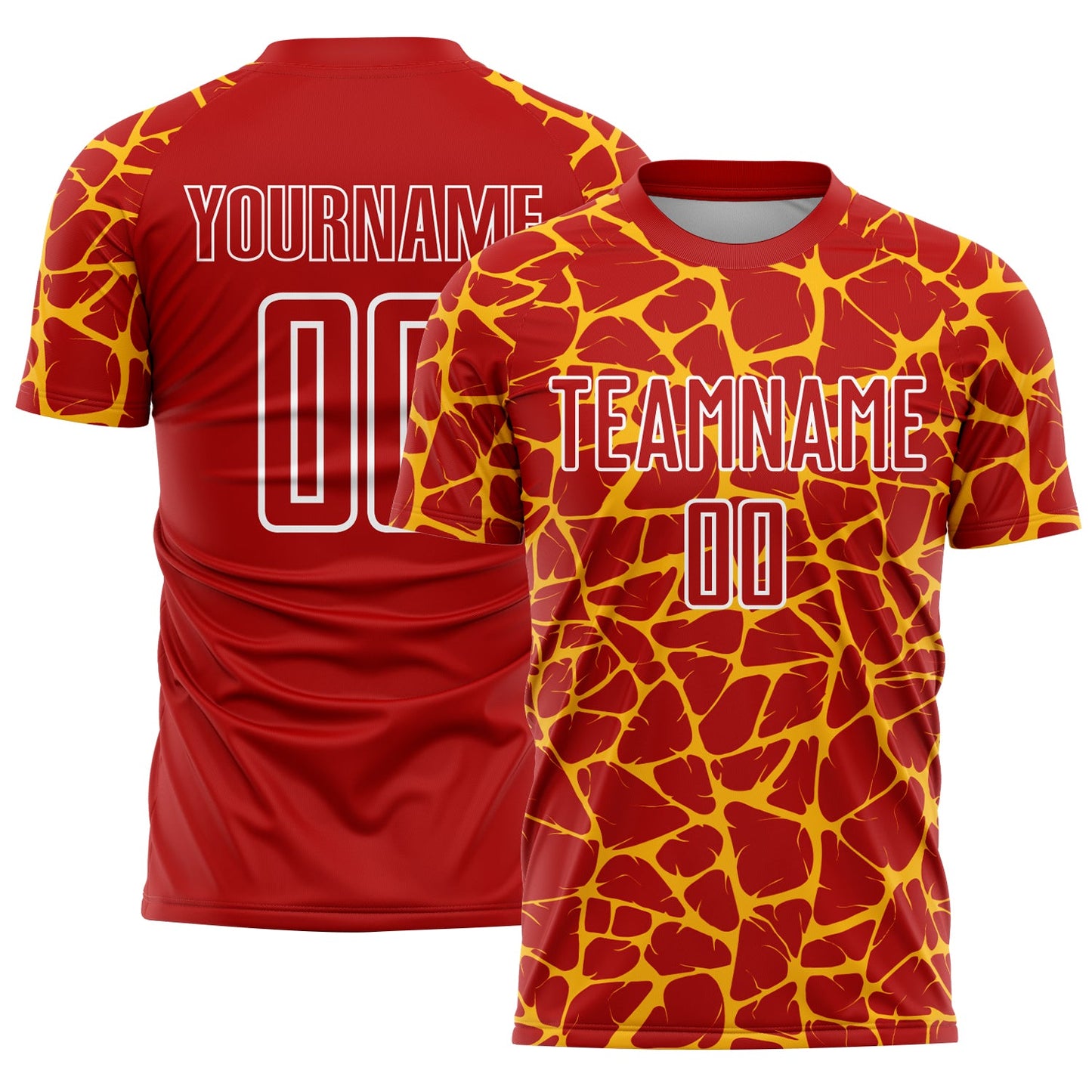 Custom Red Gold-White Abstract Network Splash Sublimation Soccer Uniform Jersey - Main View
