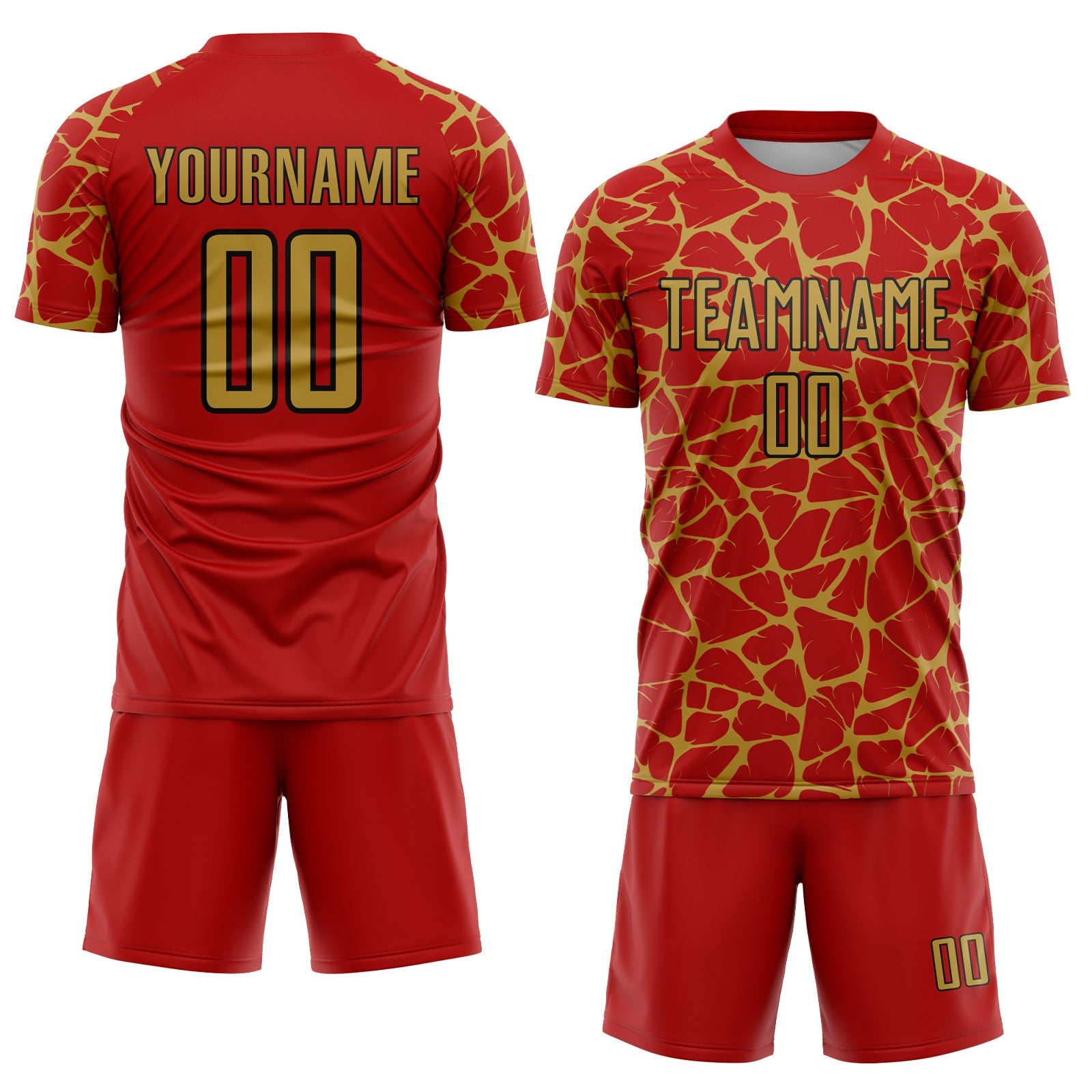 Custom Red Old Gold-Black Abstract Network Splash Sublimation Soccer Uniform Jersey view 2