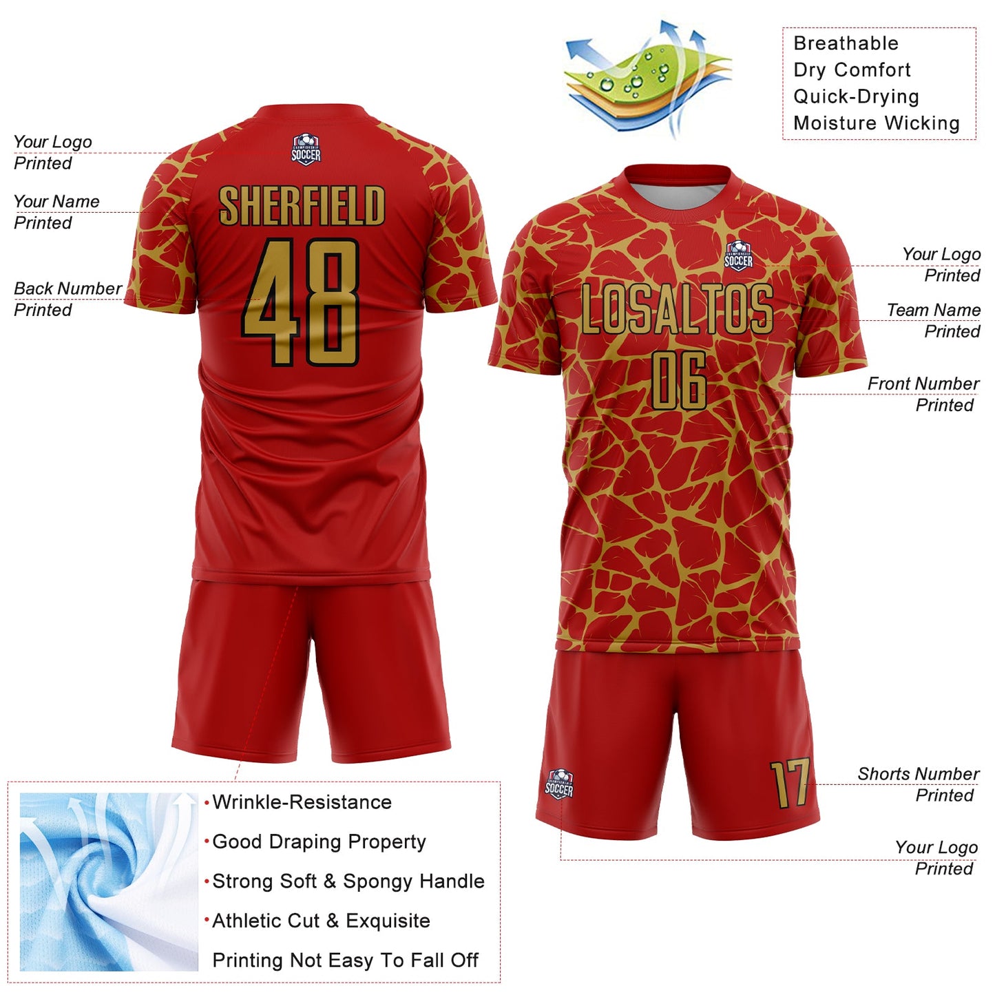 Custom Red Old Gold-Black Abstract Network Splash Sublimation Soccer Uniform Jersey view 4