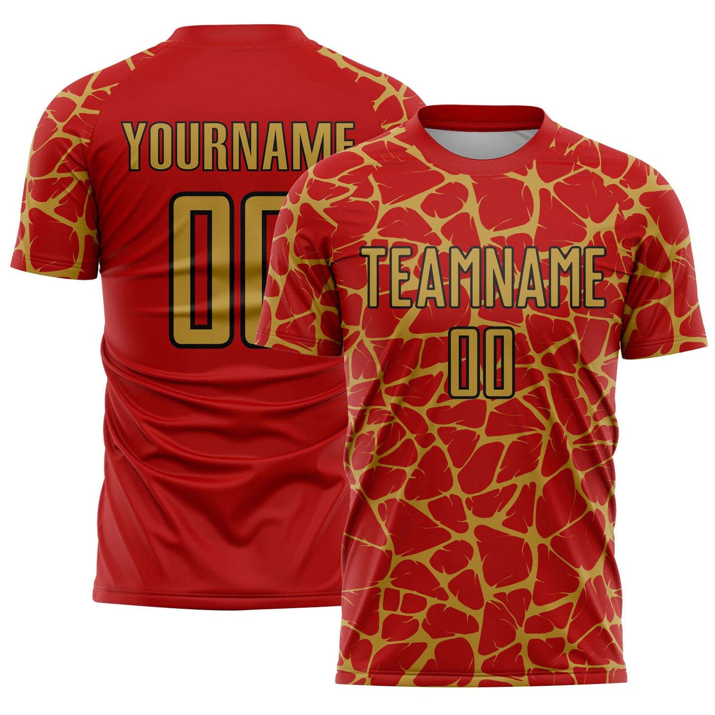 Custom Red Old Gold-Black Abstract Network Splash Sublimation Soccer Uniform Jersey - Main View