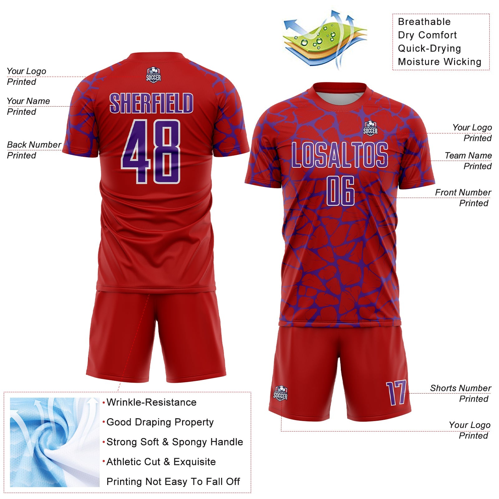 Custom Red Purple-White Abstract Network Splash Sublimation Soccer Uniform Jersey view 4